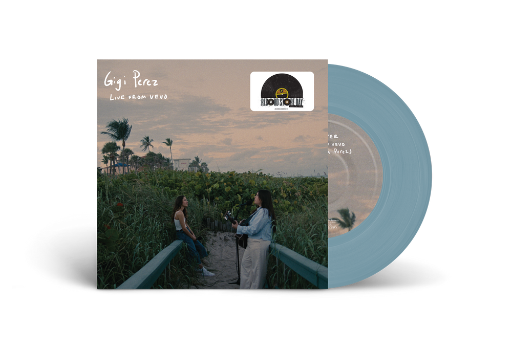Vinyl record with a scenic cover featuring two people on a bridge.