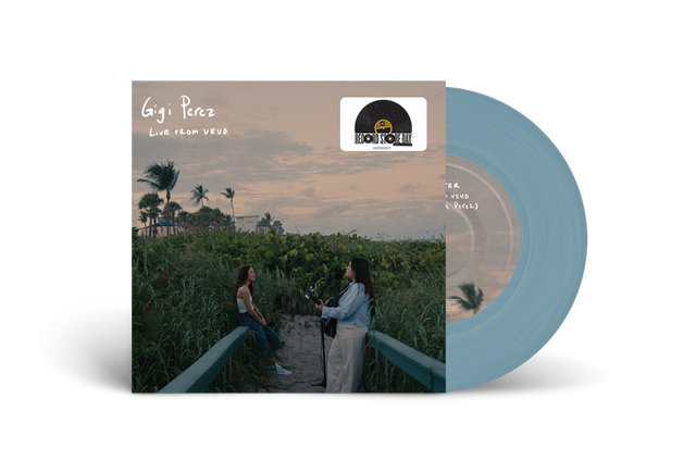 Vinyl record with a scenic cover featuring two people on a bridge.