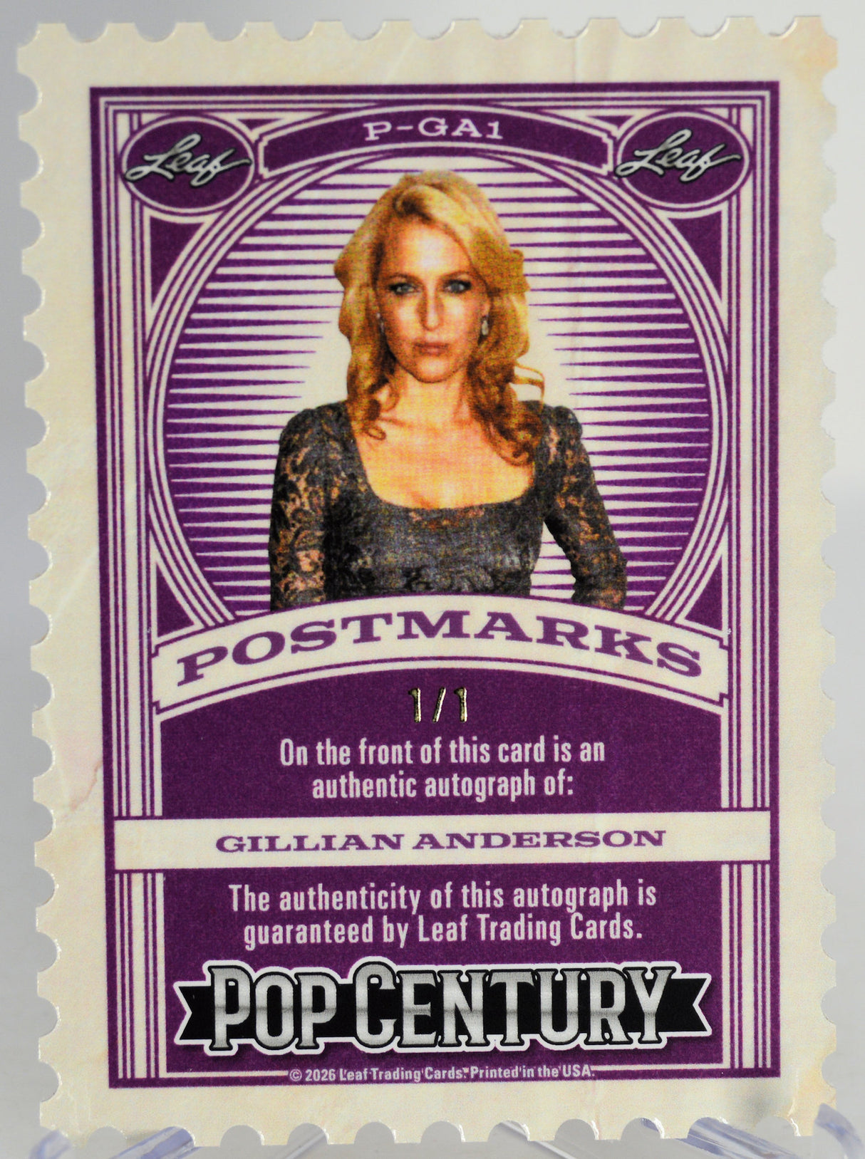 Gillian Anderson trading card with purple border and text