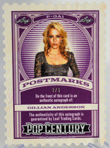 Gillian Anderson trading card with purple border and text