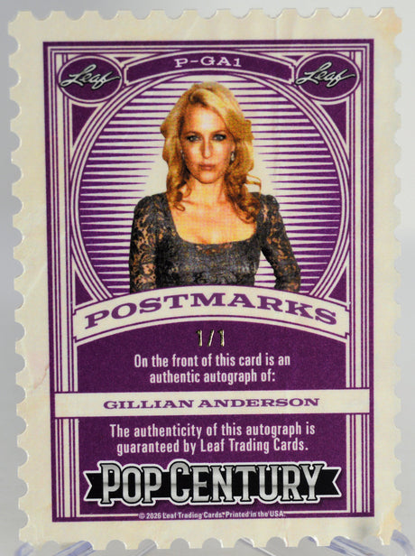 Gillian Anderson trading card with purple border and text