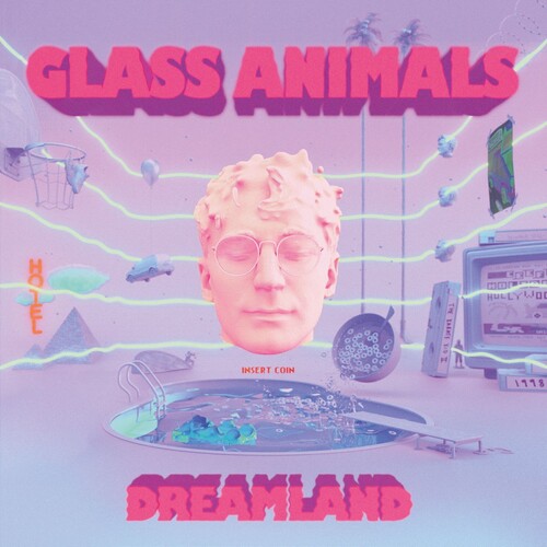 Album cover for 'Dreamland' by Glass Animals with a stylized man's head and retro elements.