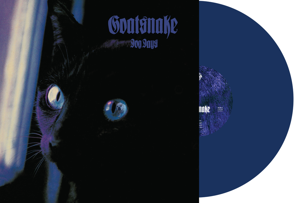 Vinyl record with a black cat and 'Goatsnake' 'Dog Days' branding on a white background.