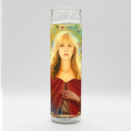 Decorative prayer candle featuring a goddess-like figure in vibrant red and gold attire