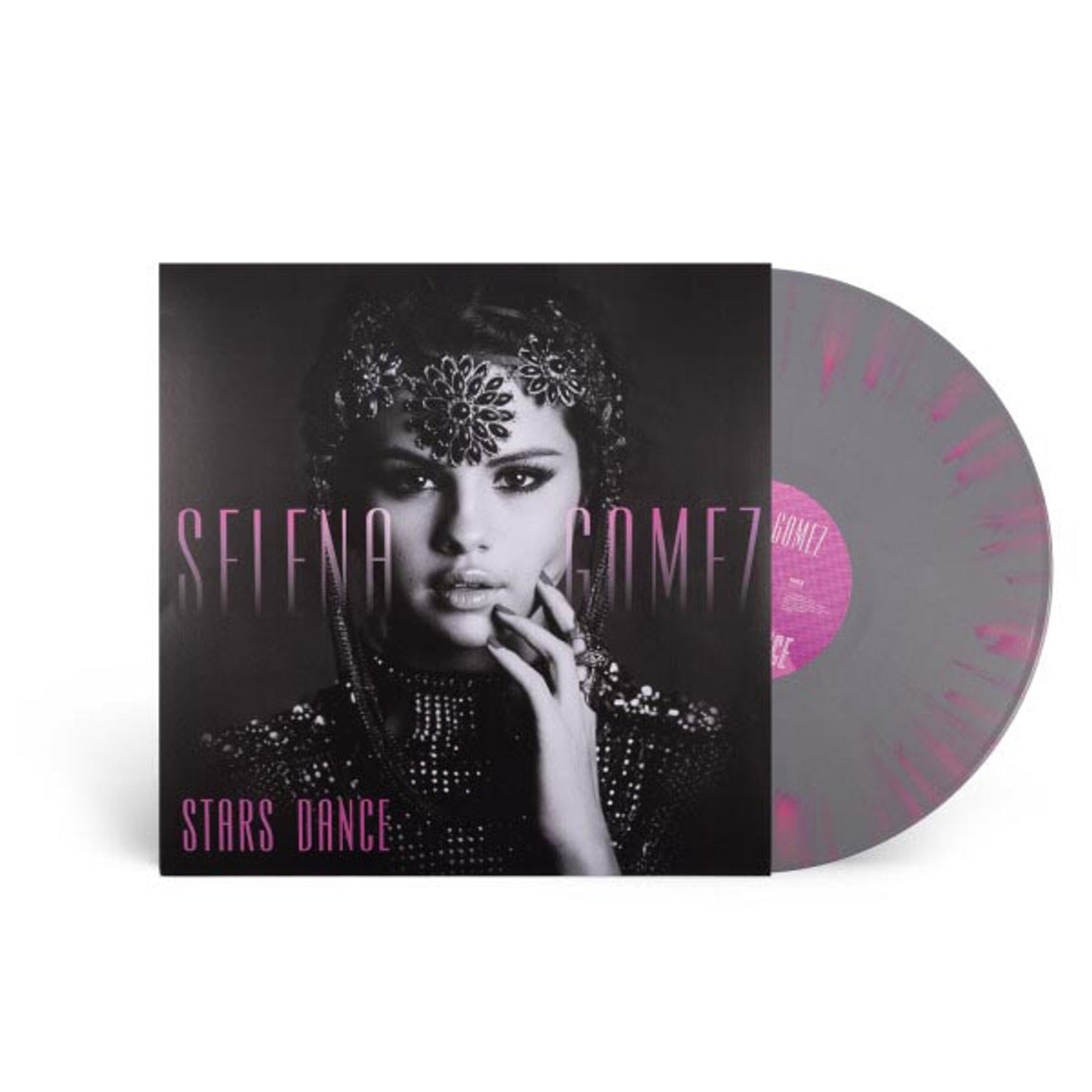 Black and white album cover of Selena Gomez with a floral headpiece, wearing a beaded outfit, with the text 'STELLA GOMEZ STARS DANCE' on the top and bottom.