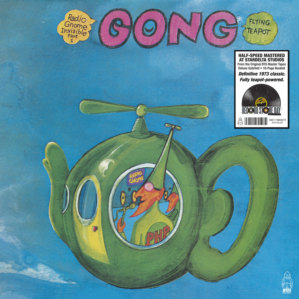 Vinyl record cover with a green teapot-shaped spaceship and 'Gong' branding on a blue background.