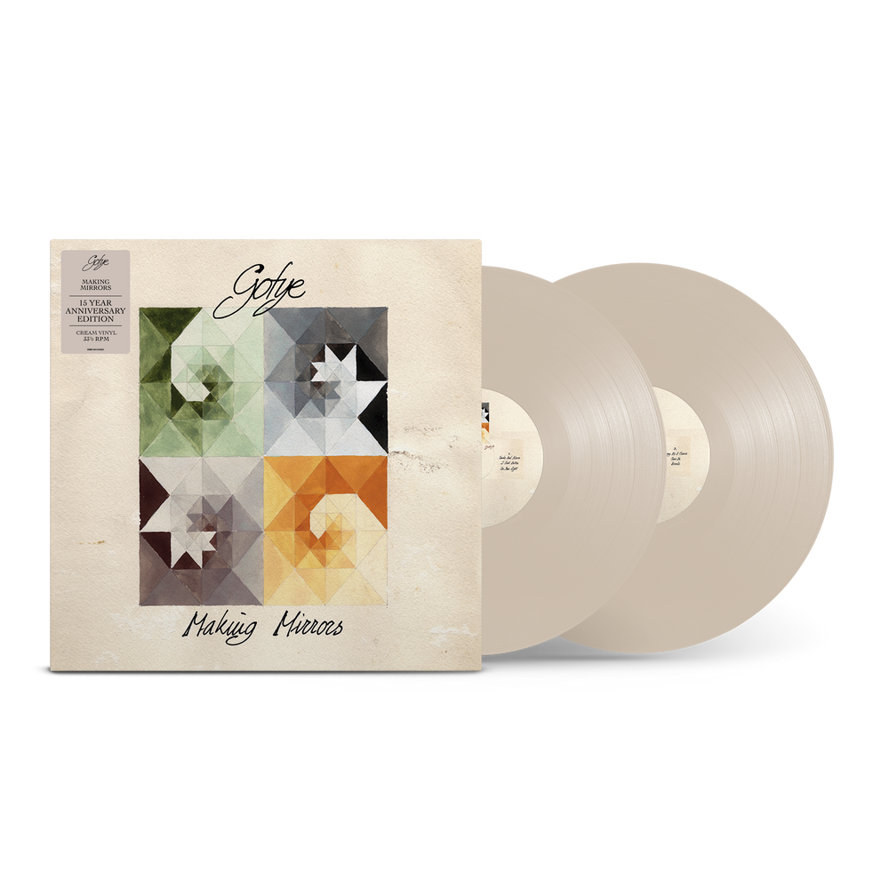 A vinyl record album shown with its illustrated outer sleeve and two translucent pale pink records partially visible behind it on a white background.