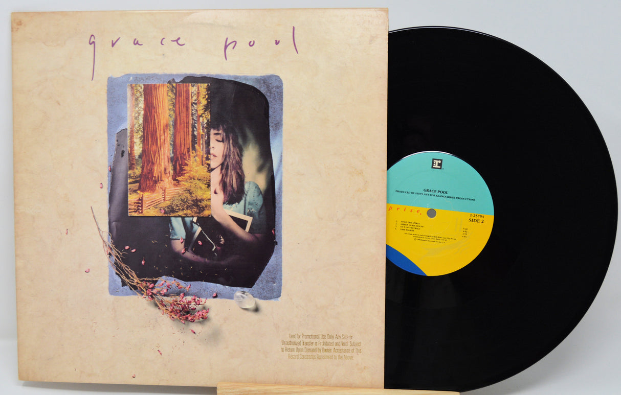 Vinyl record with cover featuring a person and nature, on a light gray background