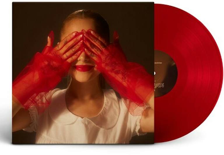 Red Vinyl Record featuring Ariana Grande with red vinyl gloves covering her eyes, wearing a white shirt