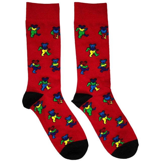 Red socks with colorful bear pattern on a white background
