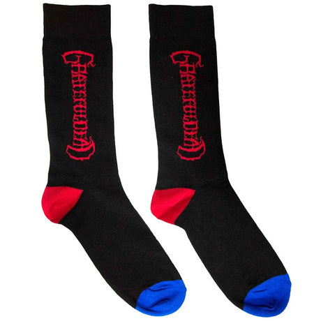 Black socks with red and blue accents featuring a logo on a white background