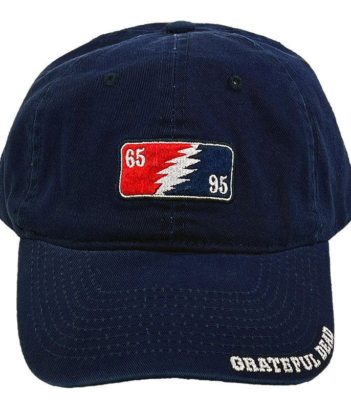 Navy blue cap with a red, white, and blue patch featuring numbers and 'Grateful Dead' text on a white background.