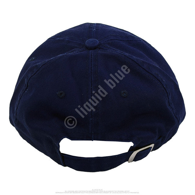 Navy blue cap on a white background with 'liquid blue' branding.