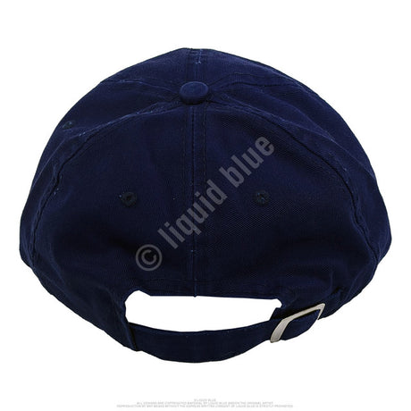 Navy blue cap on a white background with 'liquid blue' branding.