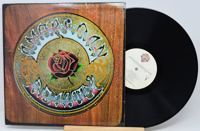 A vinyl record album with its illustrated cover jacket standing beside the black record on a small wooden display stand against a light gray background.