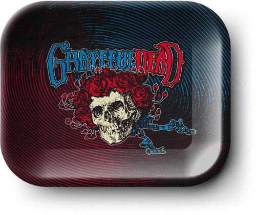 Metal tray with a skull and roses design and 'Grateful Dead' logo on a black background