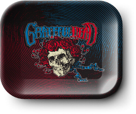 Metal tray with a skull and roses design and 'Grateful Dead' logo on a black background