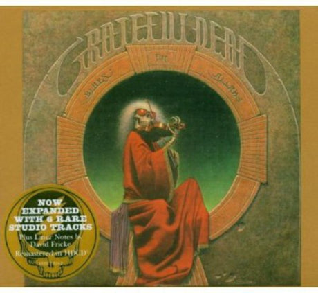Album cover with a person in red robes and a large circular design