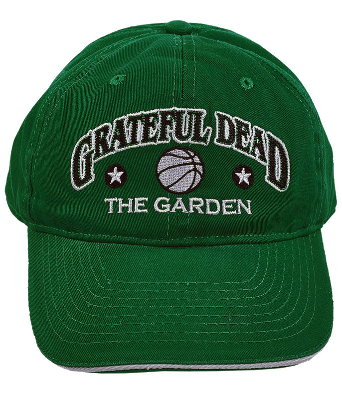 A green baseball cap with 'Grateful Dead' and 'The Garden' text embroidered on the front.