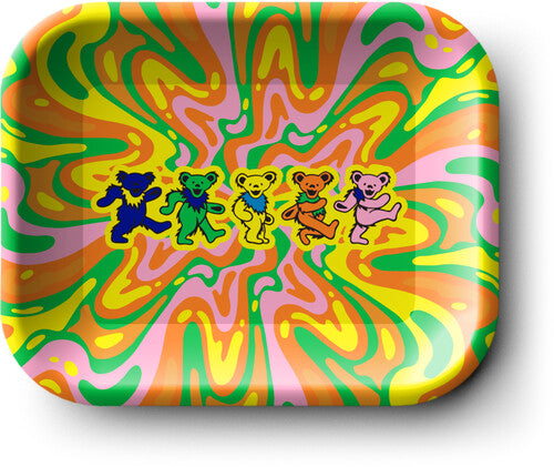 Colorful tray with tie-dye pattern and Grateful Dead bear illustrations on a white background