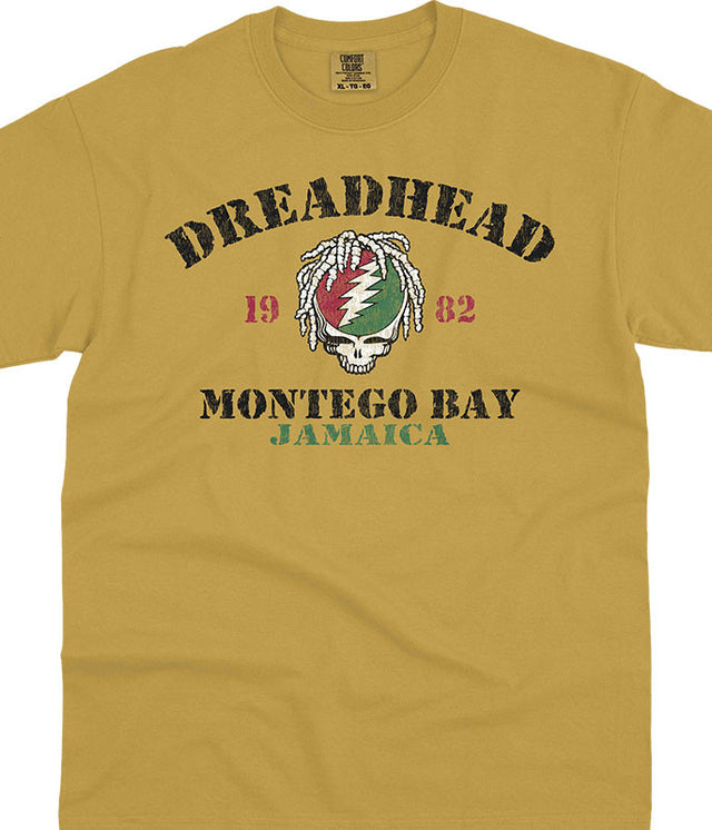 Yellow t-shirt with 'Dreadhead Montego Bay Jamaica' design featuring a skull and flag.