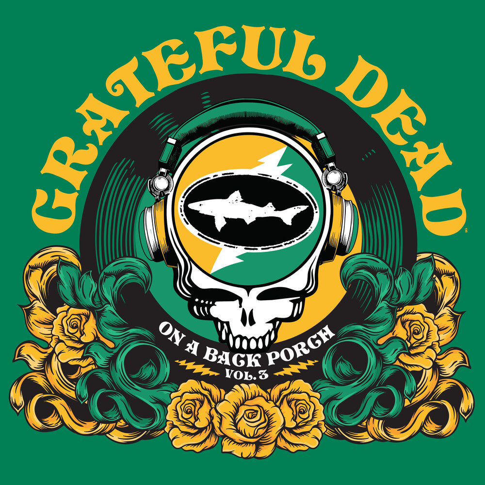 Grateful Dead logo with headphones and skull design on a green background