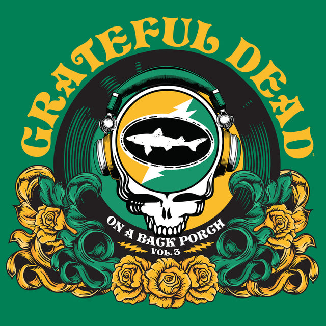 Grateful Dead logo with headphones and skull design on a green background