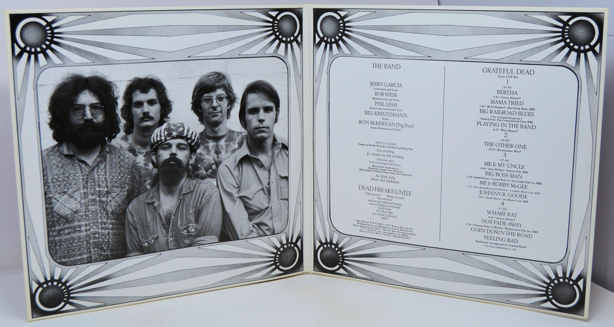 Album cover of The Grateful Dead with a black and white photo of the band on the left and tracklist on the right.