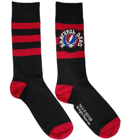 A pair of black and red striped socks with 'Grateful Dead' text and a 'Steal Your Face' logo on the ankle area.