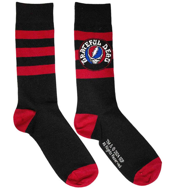 A pair of black and red striped socks with 'Grateful Dead' text and a 'Steal Your Face' logo on the ankle area.