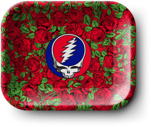 Metal tray with Grateful Dead logo on a red rose pattern