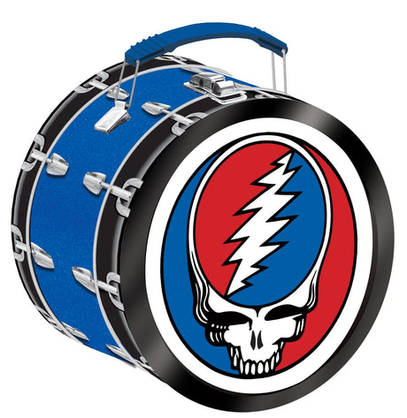 Blue drum-shaped lunchbox with Grateful Dead Steal Your Face logo on the front