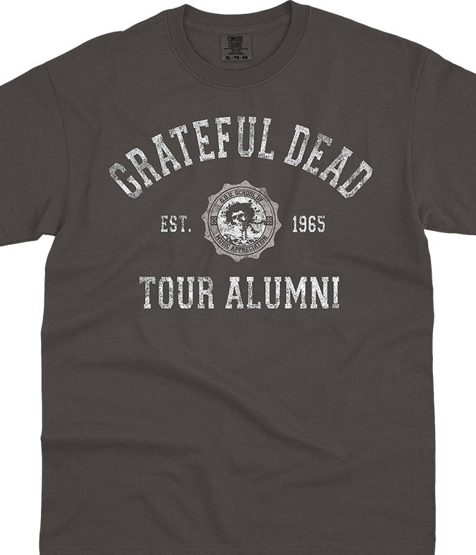 Dark gray t-shirt with 'Grateful Dead Tour Alumni' text and logo on a white background