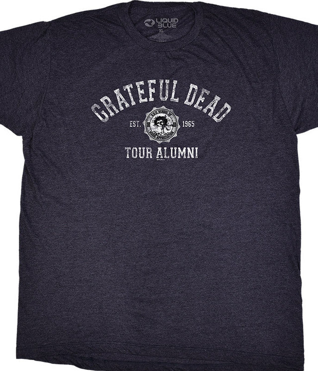 Navy t-shirt with 'Grateful Dead Tour Alumni' text and logo on a plain background
