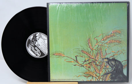 Vinyl record with a green cover featuring an illustration of a bird and plants, on a light gray background.