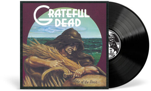 Album cover art for Grateful Dead featuring a stylized illustration of a figure with wheat and a sack, with the title ' Wake of the Flood' written at the bottom.
