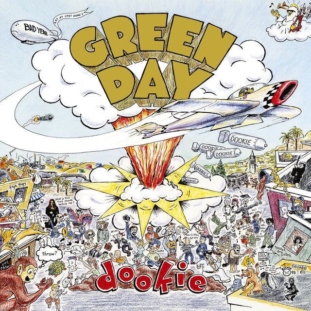 Album cover for 'Dookie' by Green Day with various illustrations and text.