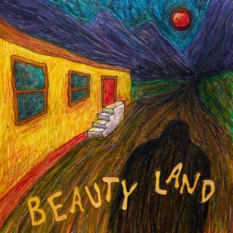 Greg Mendez vinyl record cover with an artistic depiction of a house with a red door and 'Beauty Land' text, inspired by Van Gogh's style.