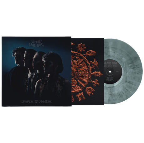 A vinyl record album shown with its outer sleeve, inner art sleeve, and the translucent record on a plain white background. The album cover features dark silhouettes of three people against a blue-black background, with the title 'Palace For The People' visible.