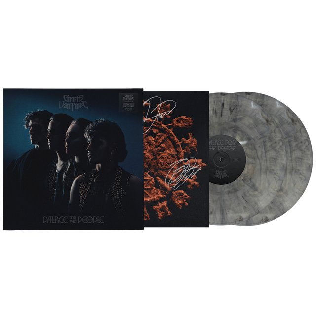 A signed vinyl record release for Crystal's 'Panthers' album, 'Palace in the Dark', featuring the black sleeve, a red-orange textured inner card with autographs, and a translucent marbled gray/black LP on a white background.