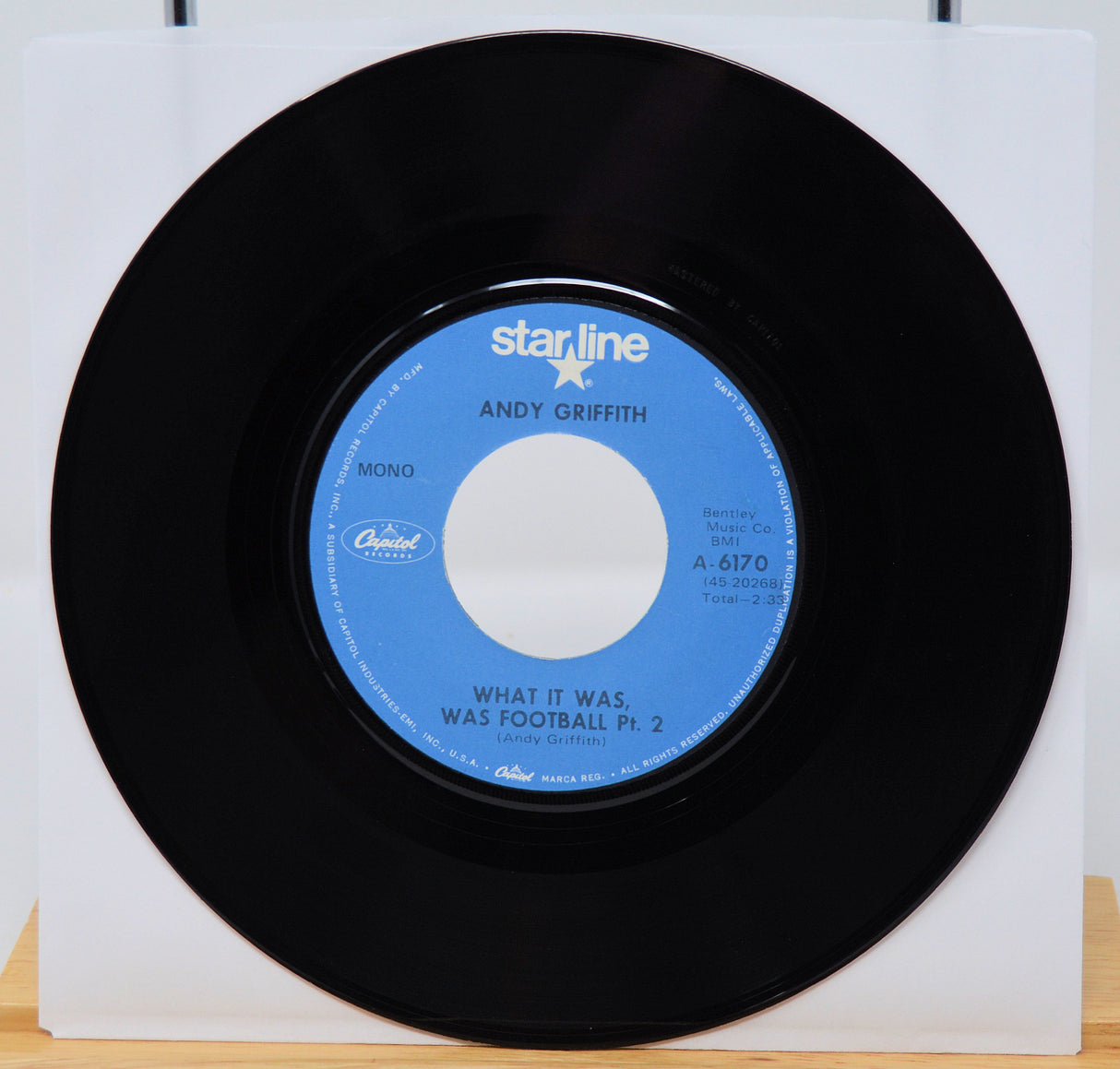 Vinyl record with blue label featuring 'Andy Griffith' on a white background