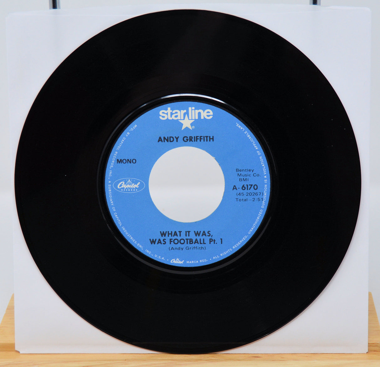 Vinyl record with blue label featuring 'Starline' and 'Andy Griffith' on a white background