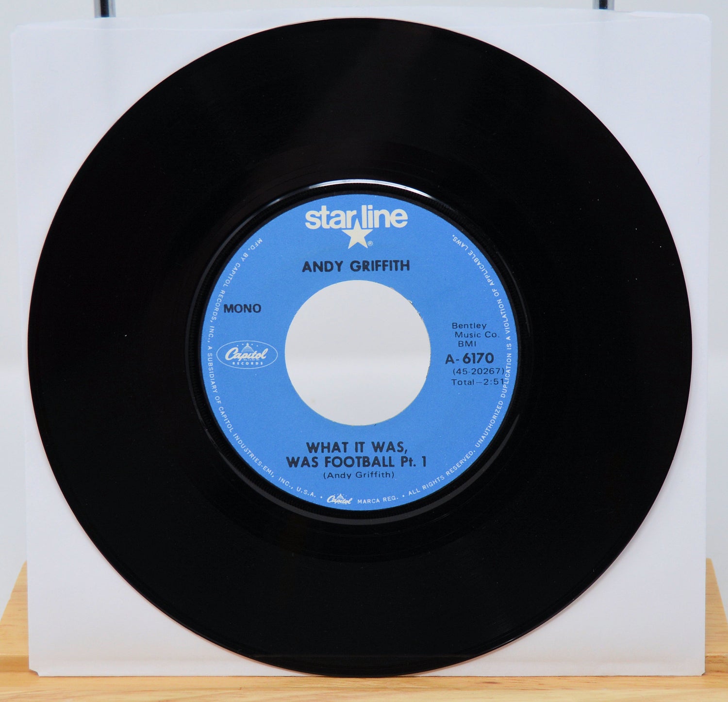Vinyl record with blue label featuring 'Starline' and 'Andy Griffith' on a white background