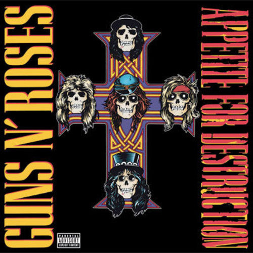 Guns N Roses - Appetite For Destruction vinyl record album cover featuring band members' skulls arranged in a cross shape with a black background.