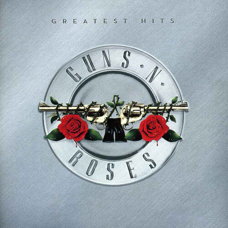 Album cover for 'Greatest Hits' by Guns N' Roses with a silver emblem, roses, and crossed guns on a gray background.