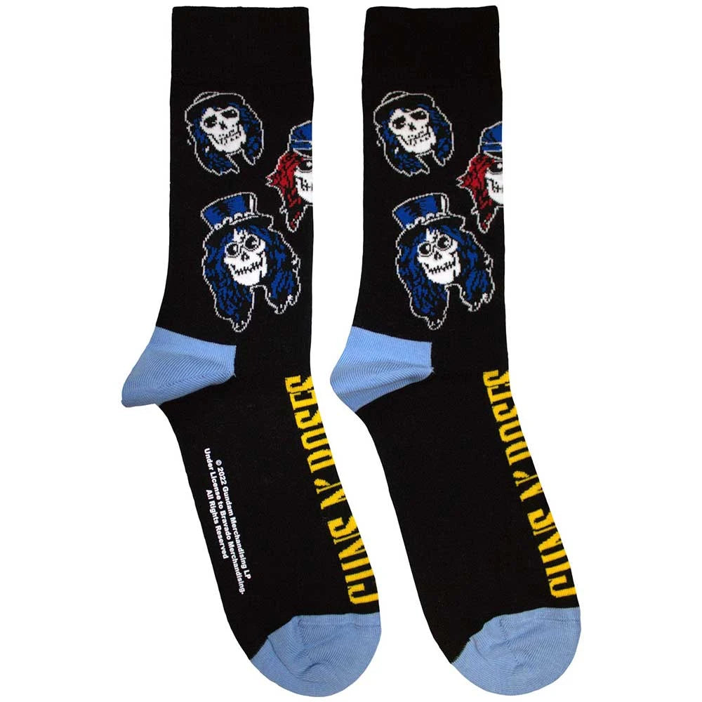 Black socks with skull designs and colorful accents on a white background