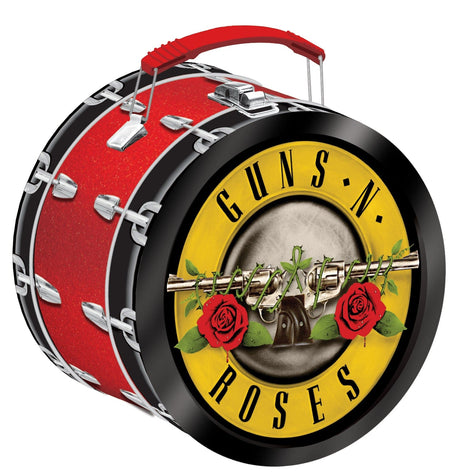 Guns N' Roses themed drum-shaped lunch box with iconic band logo on the lid