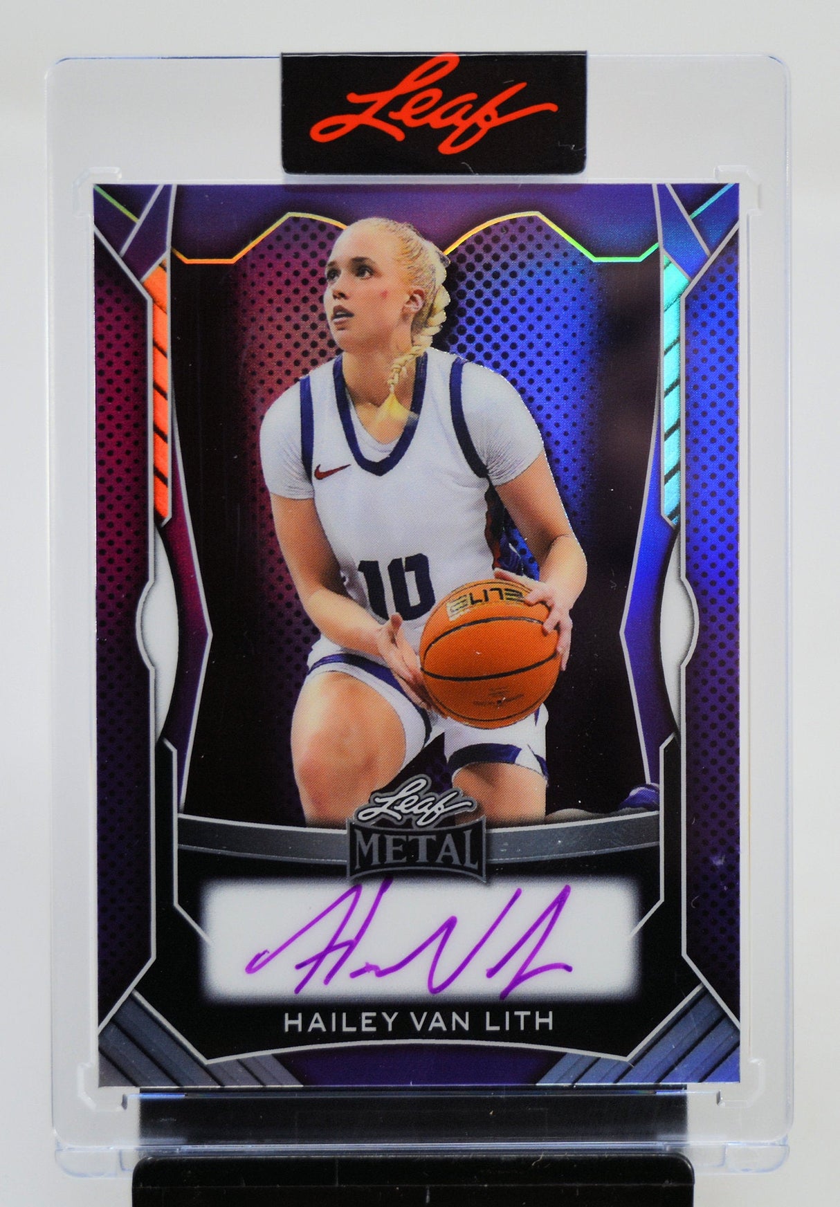 Front of Hailey Van Lith Leaf Metal card with autograph, featuring basketball action image.