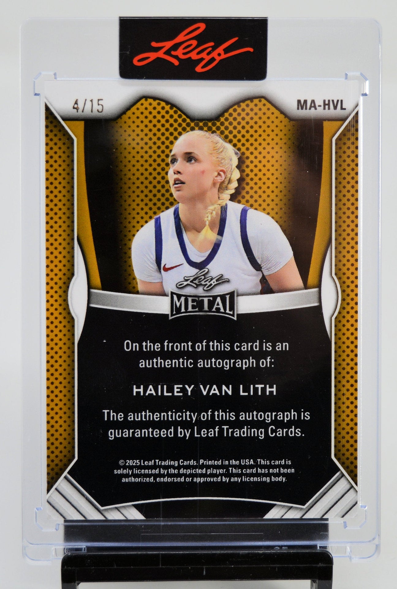 Back of Hailey Van Lith Leaf Metal autograph card, showing authenticity guarantee and card details.