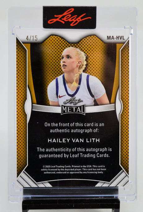 Back of Hailey Van Lith Leaf Metal autograph card, showing authenticity guarantee and card details.